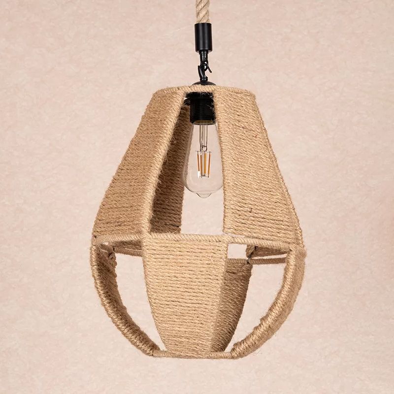 Teardrop handgewebte Seil Anhänger Light Bauernhaus 1-Licht-Bistro ausgehöhltes Design Hanging Lampe in Braun