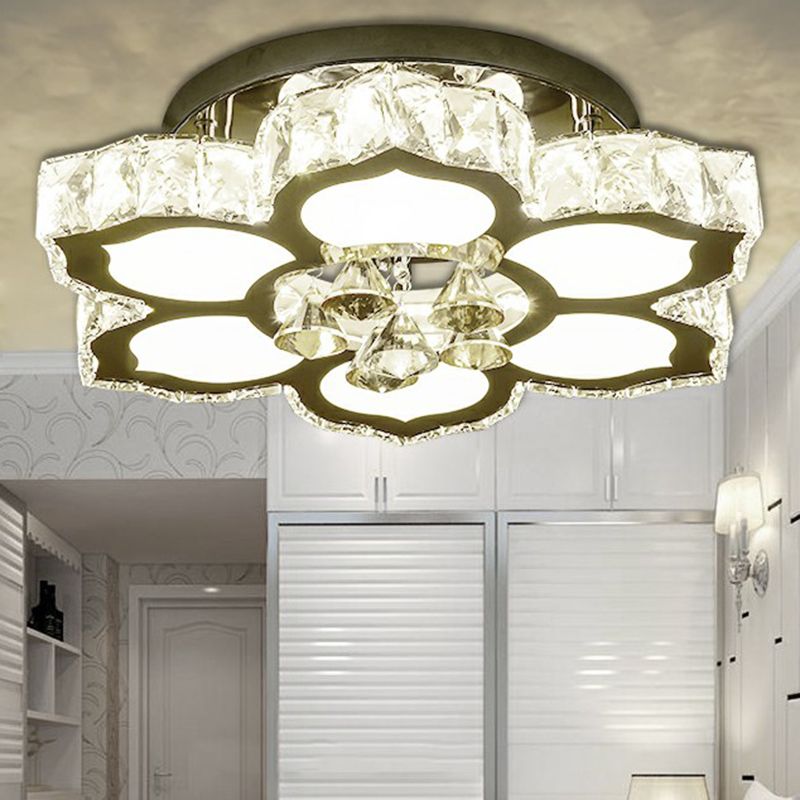 Cut Crystal Floweret Flush Mount Lamp Contemporary LED Semi Flush Ceiling Light for Bedroom