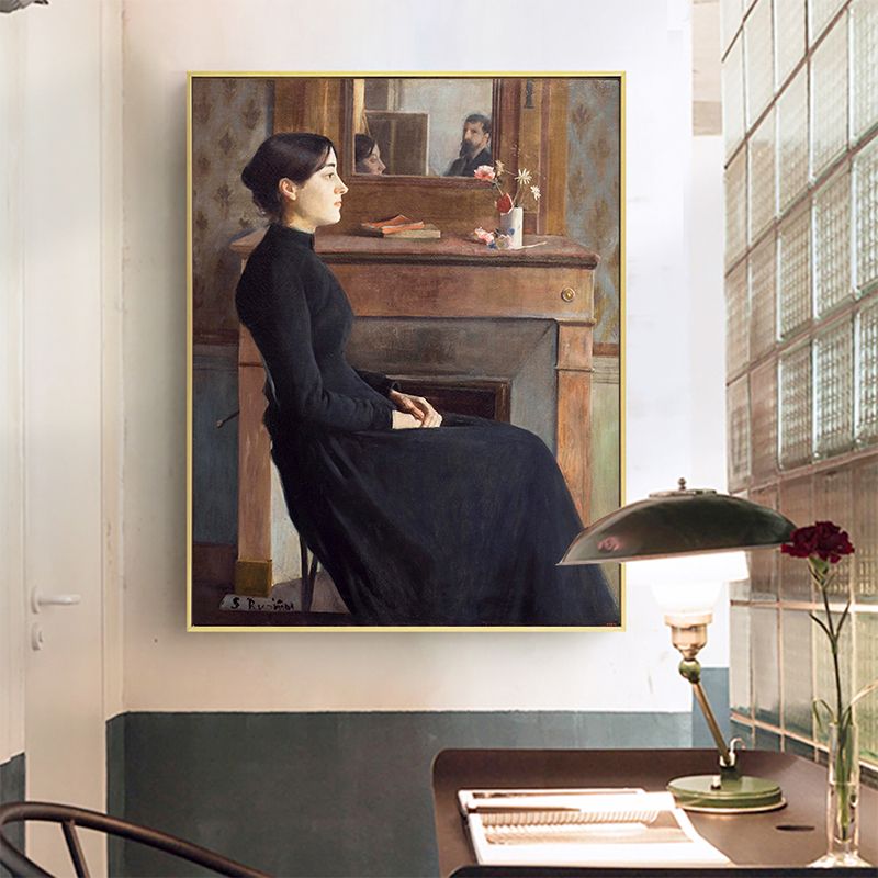 Traditional Style Canvas Pastel Color Girl and Fireplace Painting, Multiple Sizes