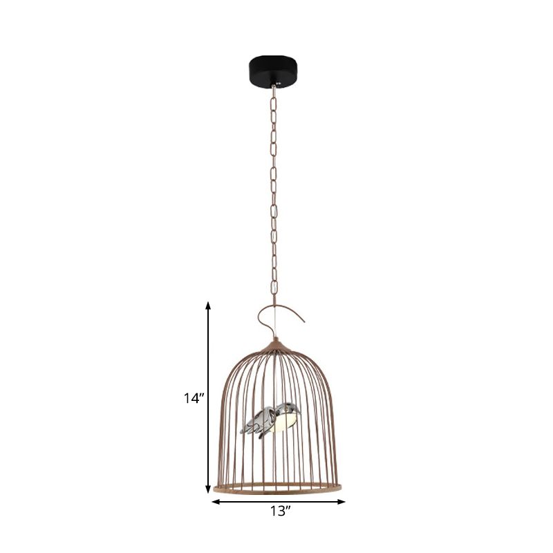 1 Bulb Cage Pendant Lamp Contemporary Metal Suspended Lighting Fixture in Black/Pink with Bird