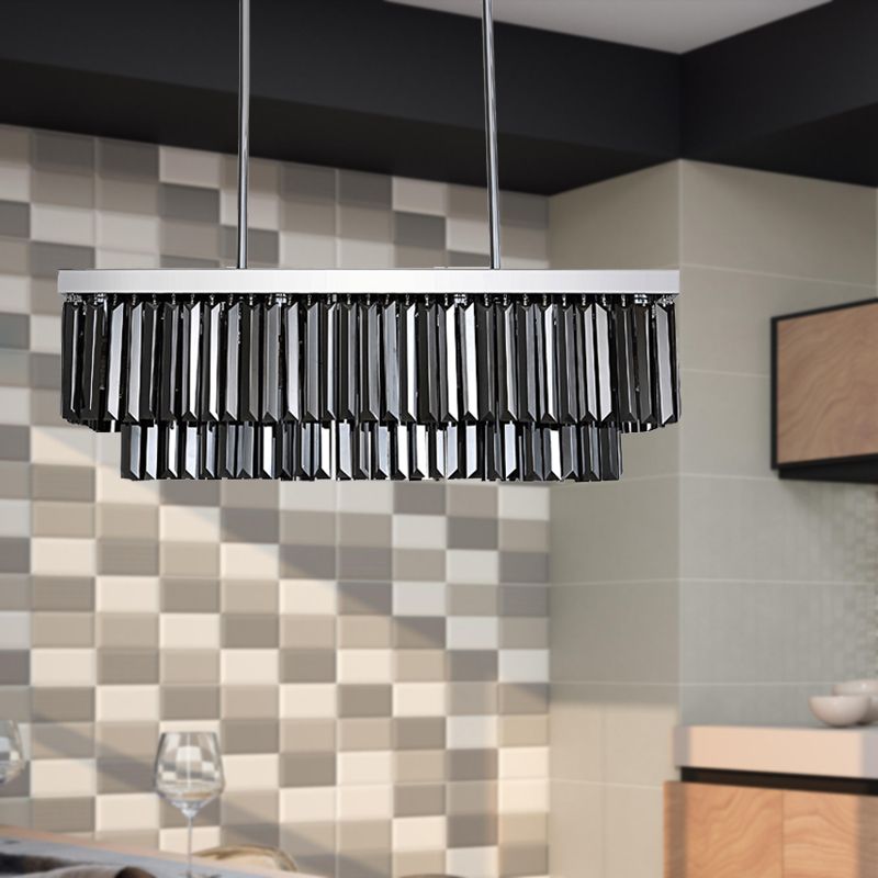 Rectangle Hanging Light Modern Smoke Gray Crystal Block 6/8/10 Heads Dining Room Chandelier Lamp