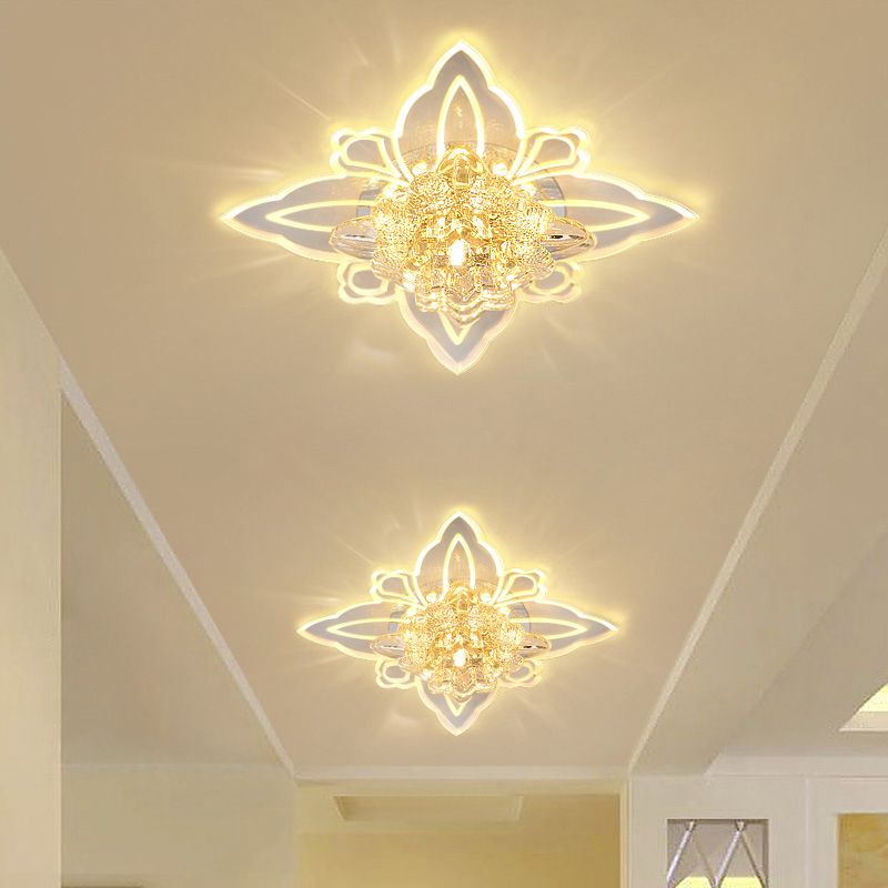 Modern Style Blossom Ceiling Lamp Crystal Foyer LED Flush Mount Lighting with Clear Acrylic Petals