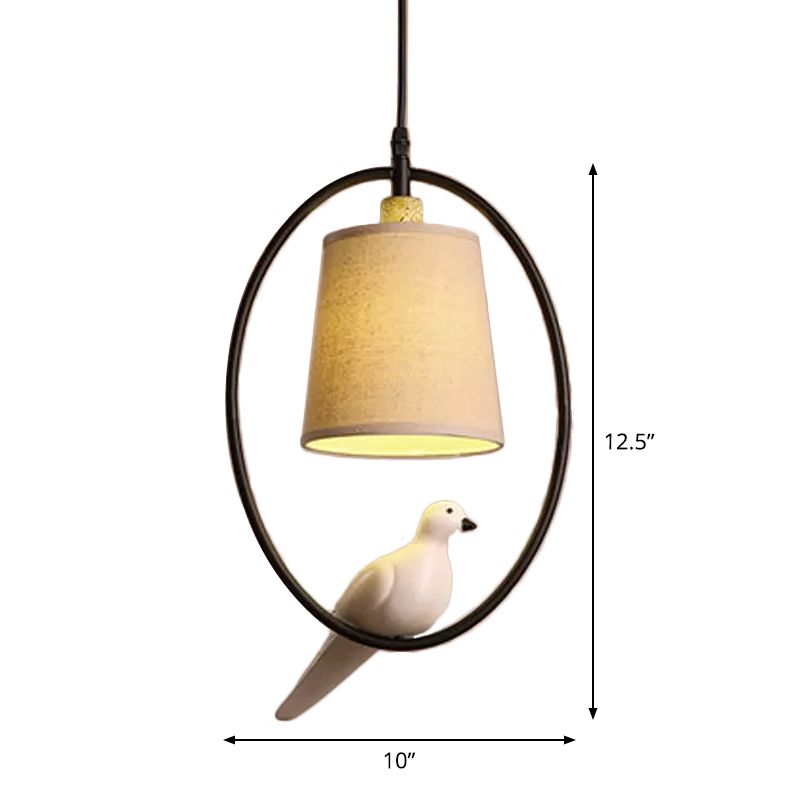 Cone Pendant Ceiling Light Artistic Fabric 1-Light White/Black Hanging Light with Bird Decor and Oval Frame