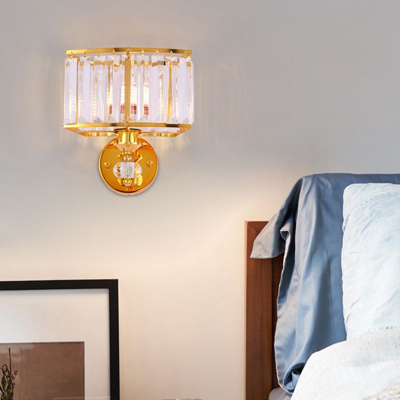 Rectangular Hallway Sconce Light Metal 1 Head Modern Style Golden Wall Lighting with Clear Crystal Block Accent