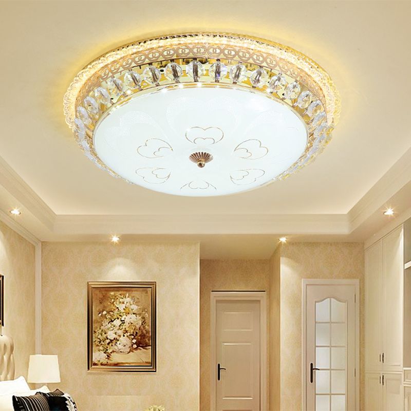 16"/19.5" W Round Flush Mount Light Bedroom Opal Glass LED Modern Flush Ceiling Light with Crystal Accent in Gold
