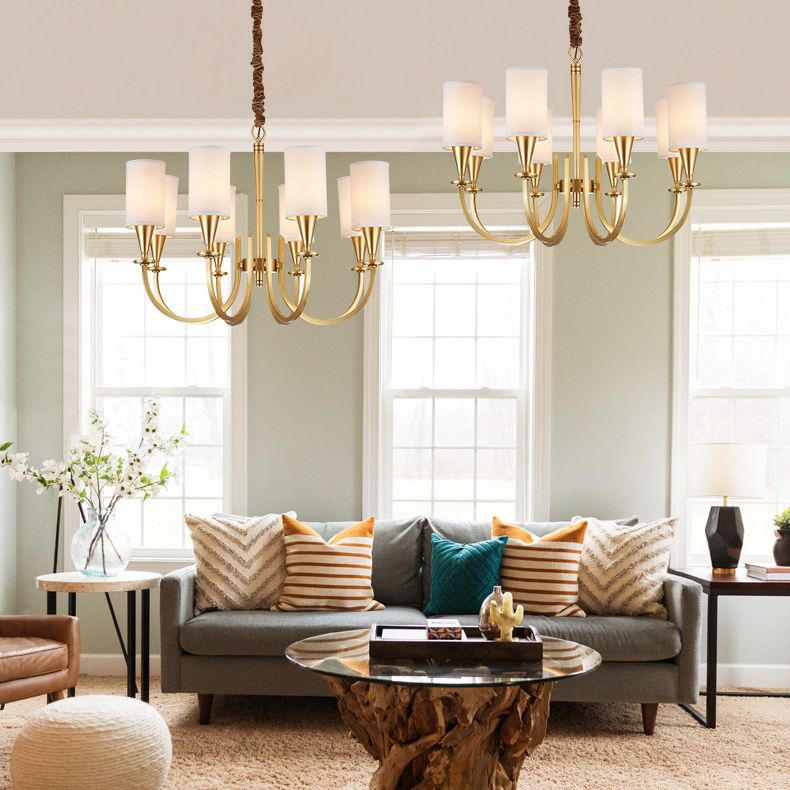 Brass American Traditional Style Chandelier Cylindrical Fabric Shade Dining Room Lighting Fixture with 19.6" Adjustable Suspension Chain