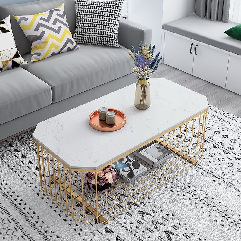 Contemporary Glass & Marble Coffee Table Octagon 1 Single Cocktail Table with Shelf