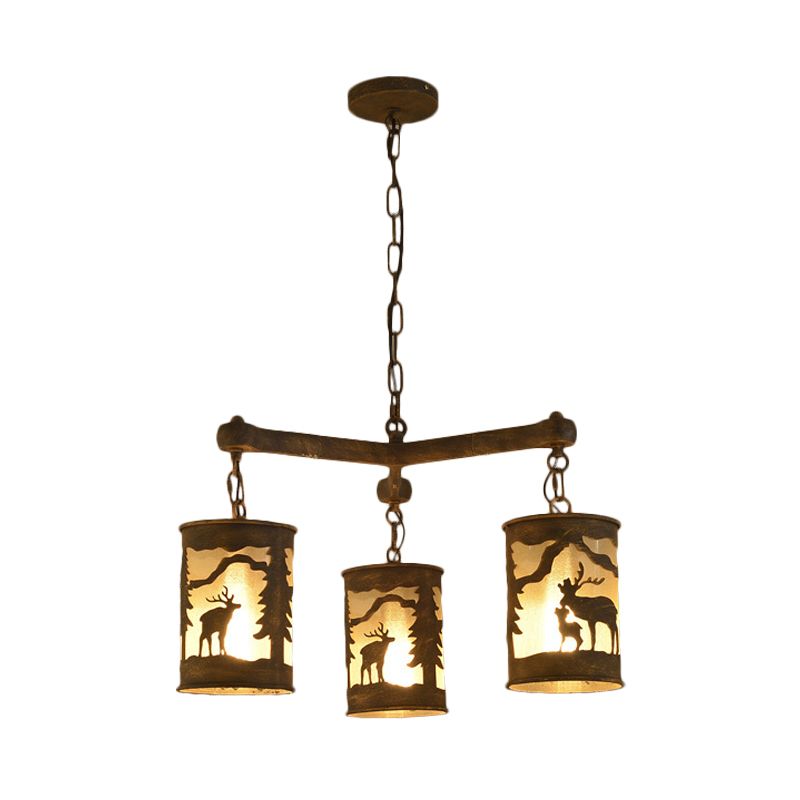 Cylinder Metal and Fabric Chandelier Light Rustic 3/6/9 Lights Dining Room Pendant Lighting in Brown with Deer Pattern