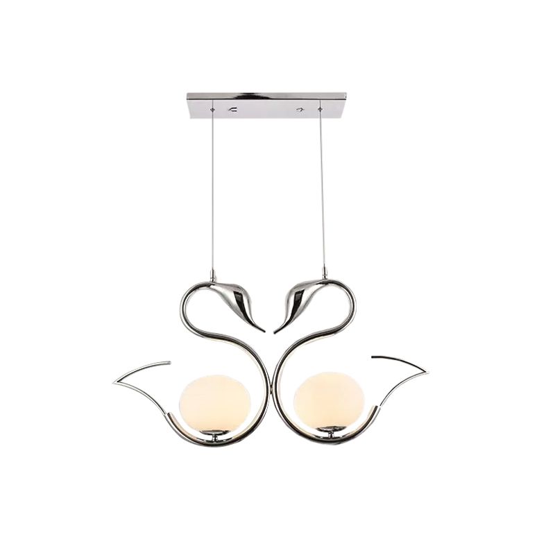 Forme de cygne métallique Multi Pendant Light moderniste moderniste 2-Light Chrome Suspension Lampe avec Orb White Grosted Glass Shade