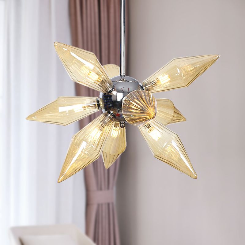 Tapered Pendant Chandelier Modernist Amber Ribbed Glass 9 Heads Dining Room Hanging Light Kit