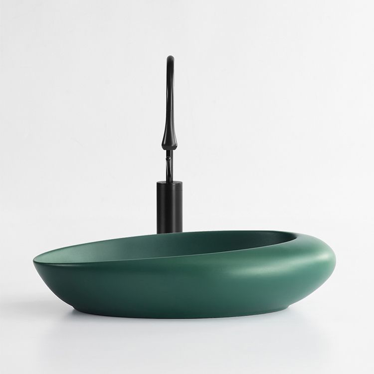 Modern Bathroom Sink Porcelain Pop-Up Drain Oval-Shape Vessel Lavatory Sink
