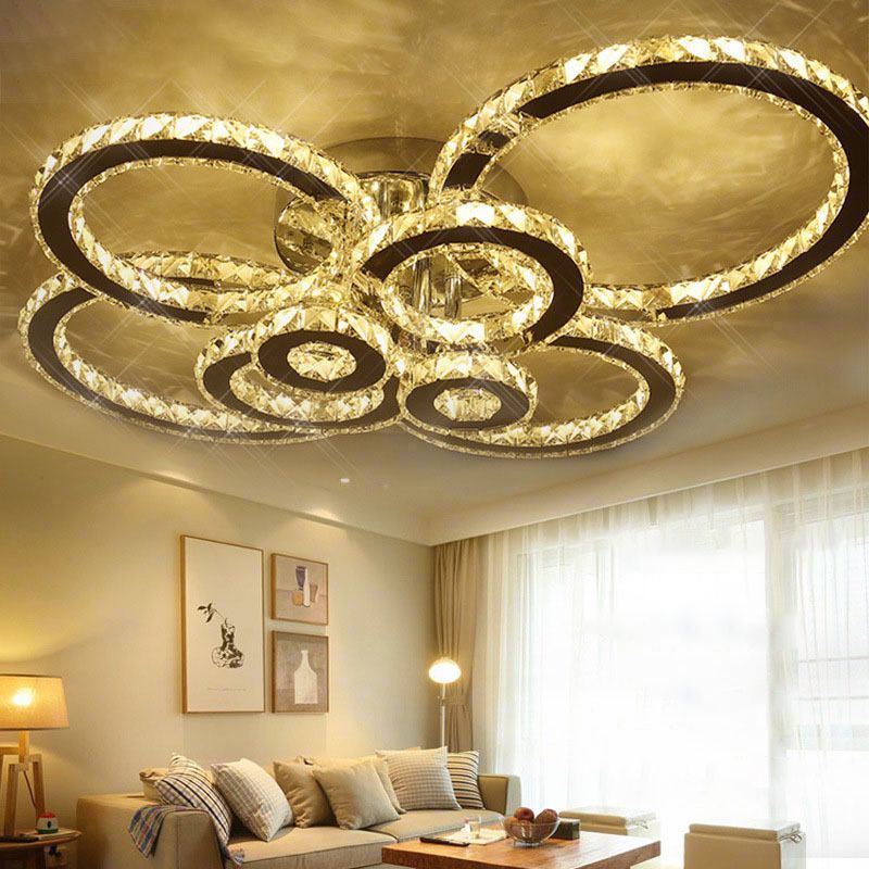Ring Shaped Embedded Crystal LED Semi Flush Mount Contemporary Stainless-Steel Ceiling Mounted Light