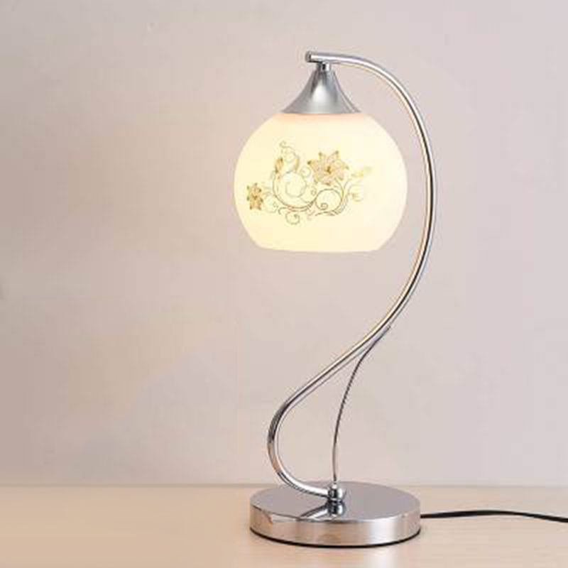 Silver Gooseneck Table Lamp Minimalist 1-Light Metal Table Light with Spherical White Glass Shade