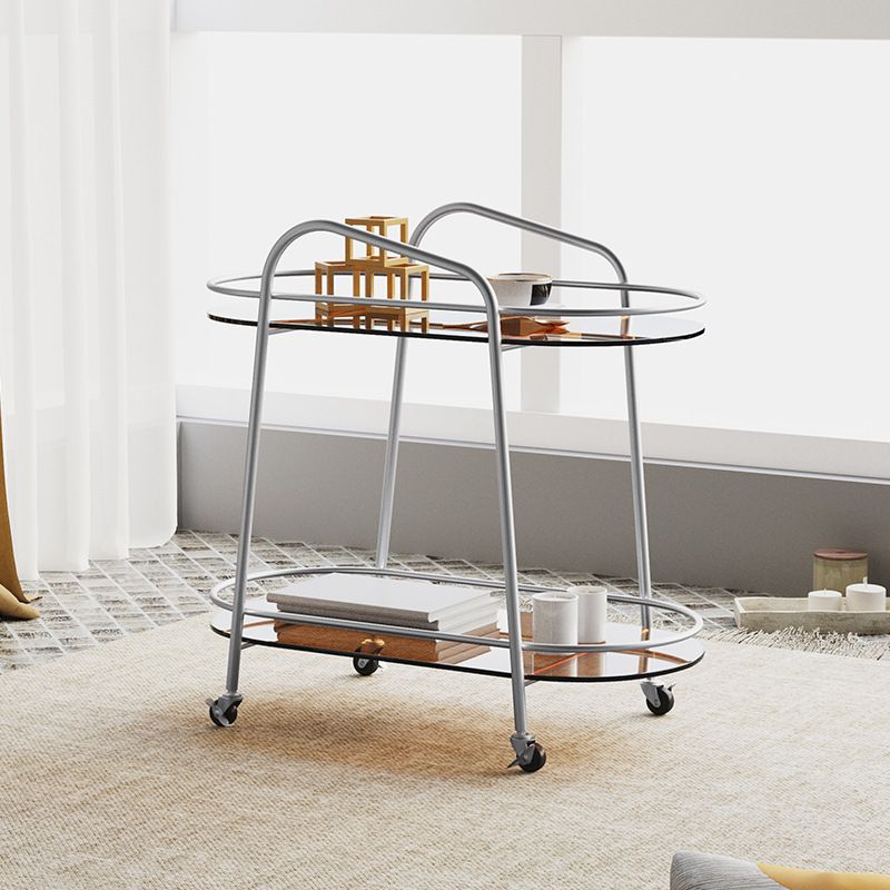 Modern Oval Glass Side Table End Table Metal Base Side Table with Shelf and Wheel