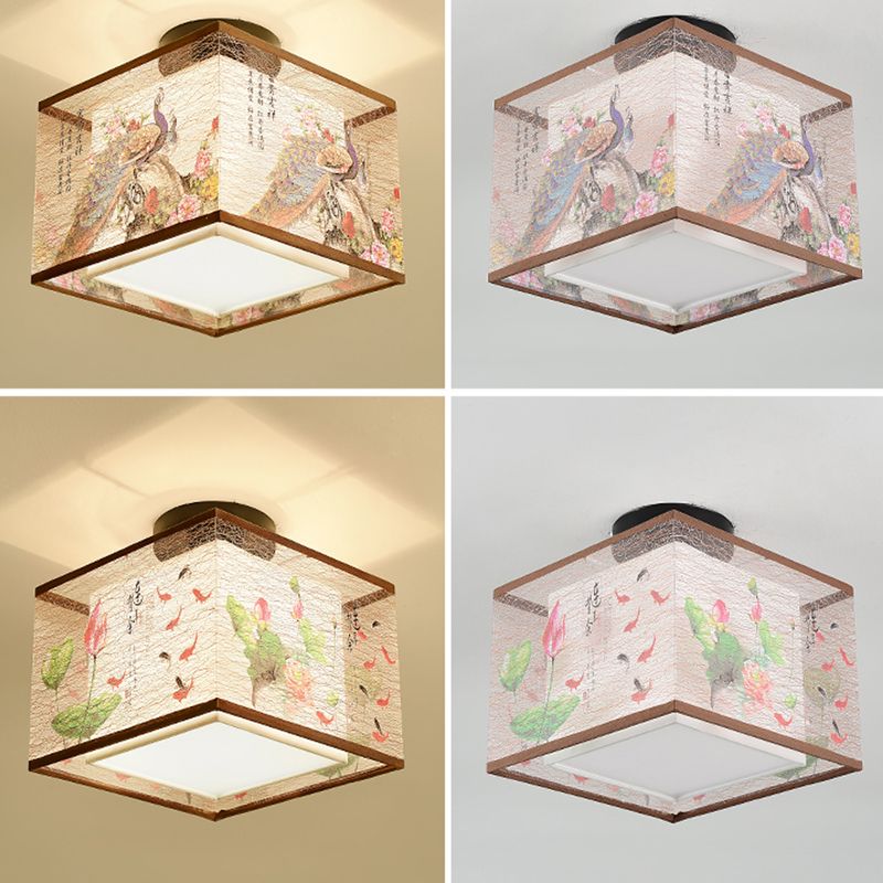 Beige Light Fixtures Asia Style Fabric Flush Light for Living Room Dining Room