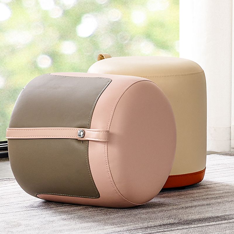 Modern Cylinder Shape Pouf Chair Contrast Color PU Leather Water Resistant Boucle Pouf
