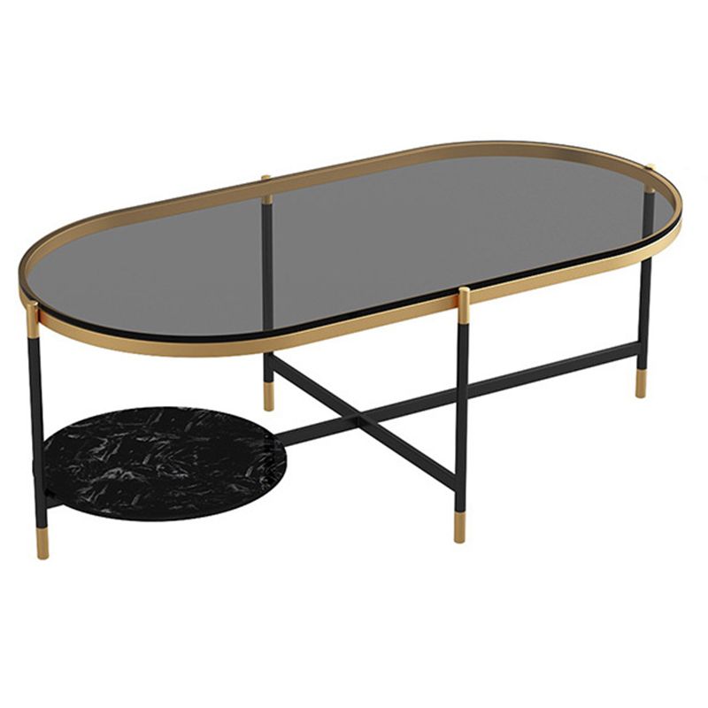 17.7" Tall Modern Metal Cross Leg Base Glass Oval Coffee Table with Shelf