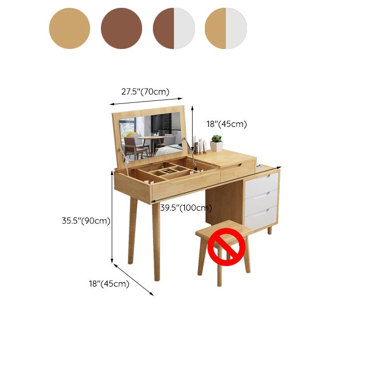Bedroom Dressing Table Rubberwood Flip-Top Make-up Vanity with 4 Storage Drawers