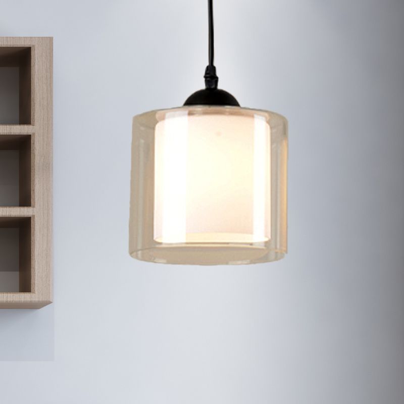 Cylinder White Glass Hanging Light Contemporary 1 Head Pendant Lighting Fixture for Dining Room