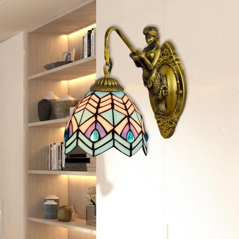 Peacock Tail Sconce Light Tiffany Multicolor Stained Glass 1 Head Antique Brass Wall Mount Light