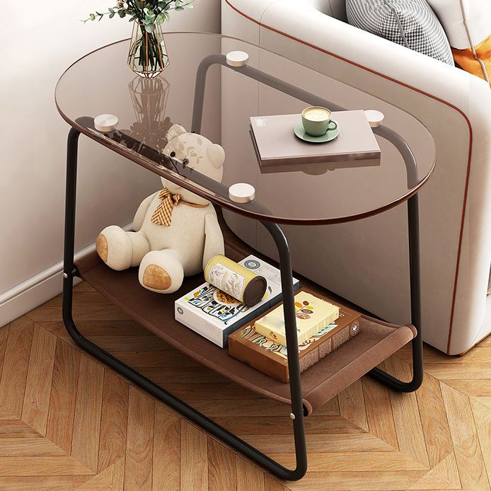 Contemporary Brown Glass Top Side Table Steel Sled Base End Table
