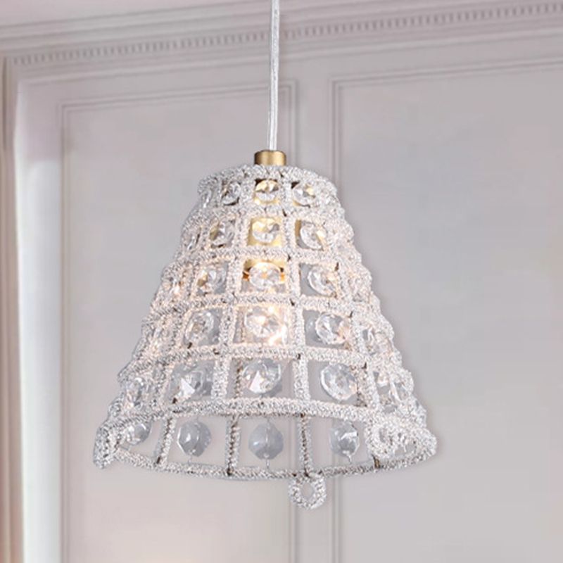 Cone Cage Ceiling Pendant Light Modernist Crystal Bead 1 Bulb Bedroom Pendulum Lamp in Gold