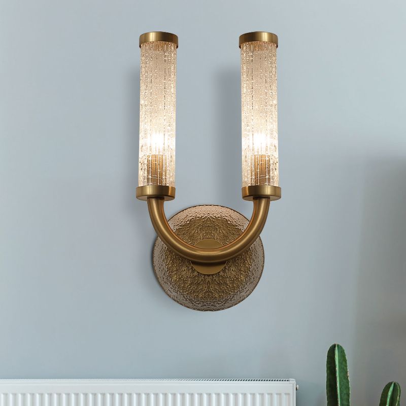 Traditional U-Shaped Wall Lighting 2 Lights Crackle Glass Wall Mounted Lamp in Gold