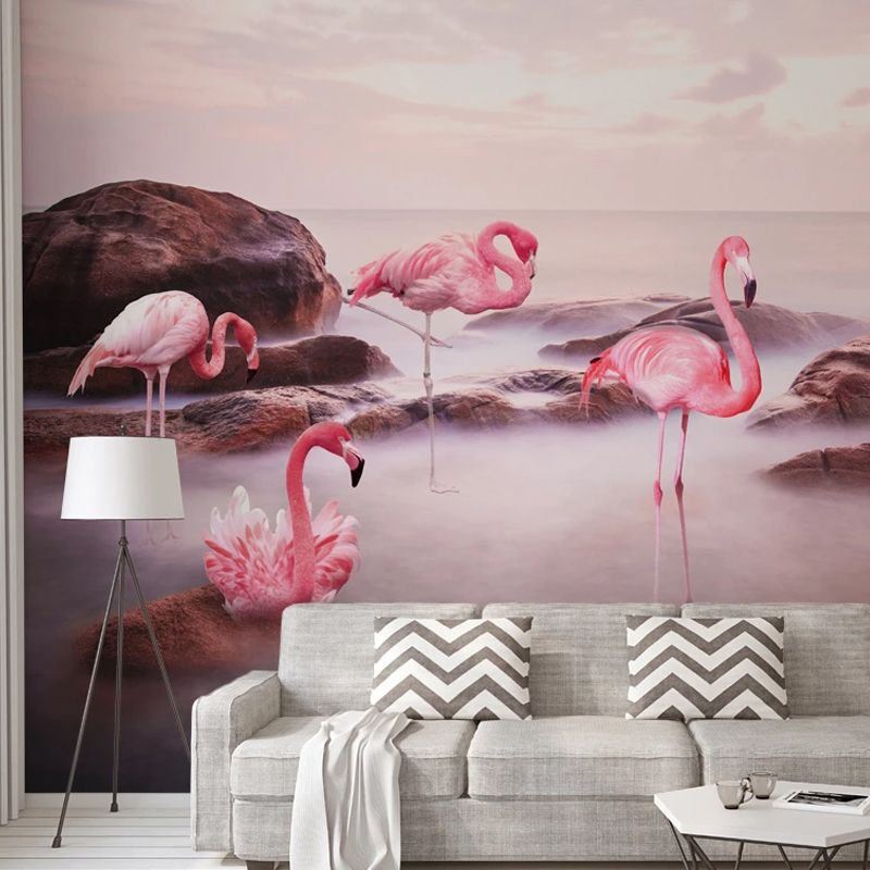 Stain-Resistant Flamingo Wall Art Non-Woven Fabric Minimalist Mural for Gallery