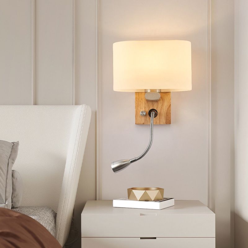 Modern Creative 2-Light Wall Sconce Wooden Geometric Wall Lamp with White Glass Shade