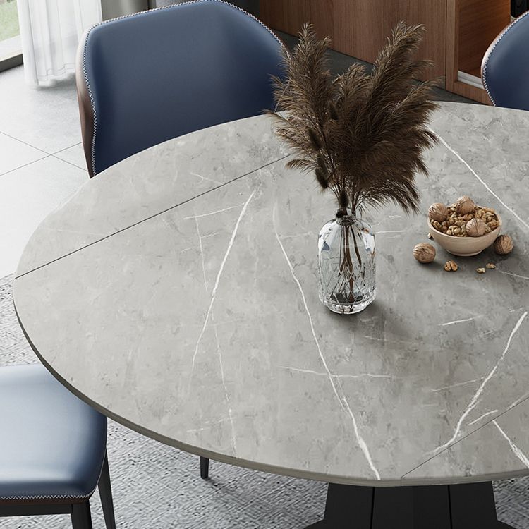 Extendable Round Dining Table Modern Sintered Stone Top Table with Black Pedestal