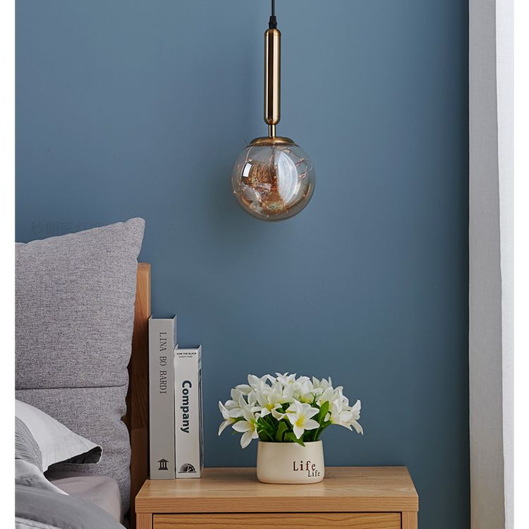 Amber Glass Ball Pendulum Light Nordic 1 Head LED Hanging Pendant with Starry String