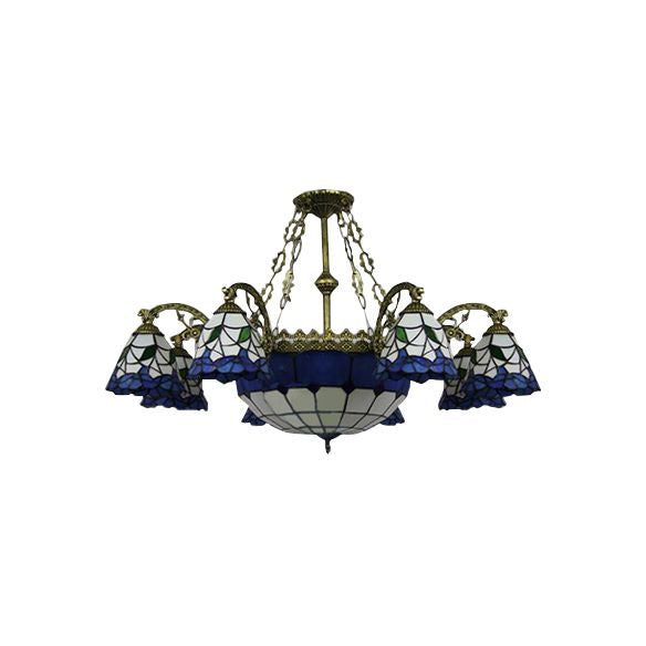9 Lights Flared Suspension Light Vintage Stained Glass Chandelier Lamp with Center Bowl Shade in Blue