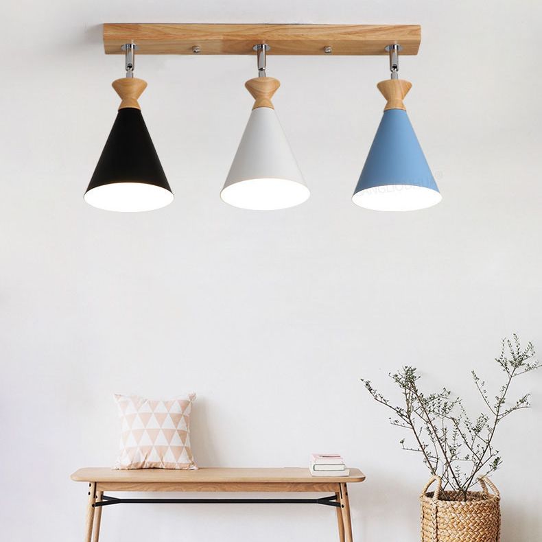 Lámpara de techo de 3 luces de hierro de estilo creativo moderno con montaje semi empotrado de cono de madera para comedor