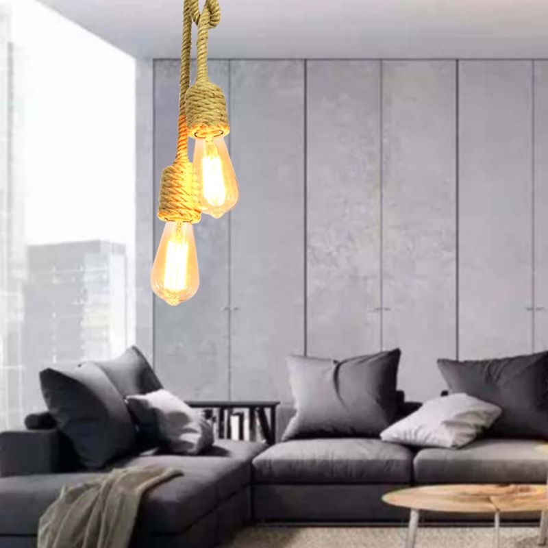 2 Lights Knots Rope Hanging Lighting Vintage Beige Exposed Bulb Living Room Cluster Pendant Lamp