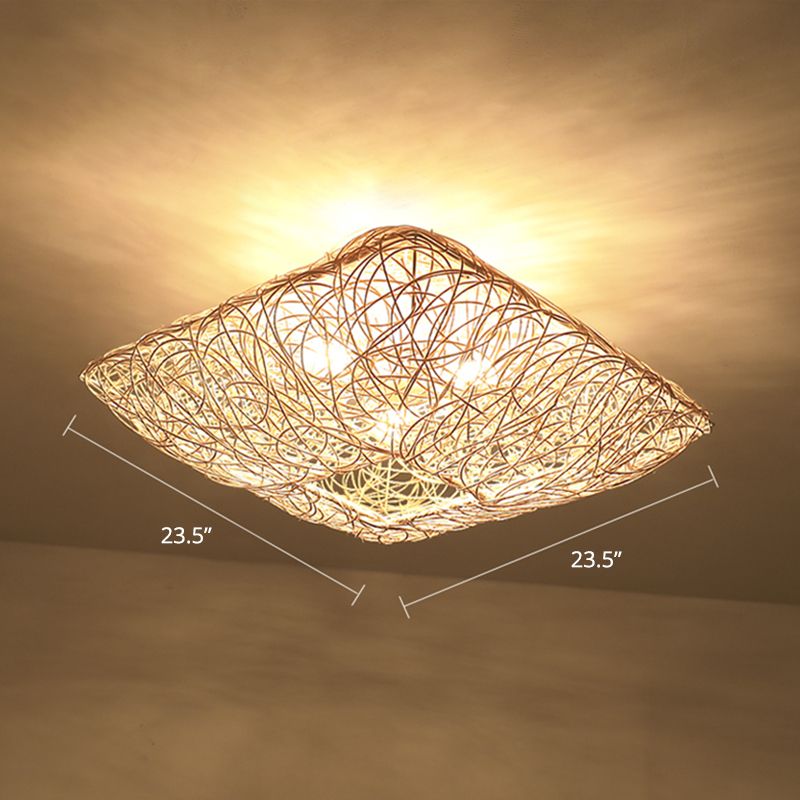 Rattan Square Ceiling Flush Mount Light Minimalist 3-Light Wood Flush Light for Bedroom