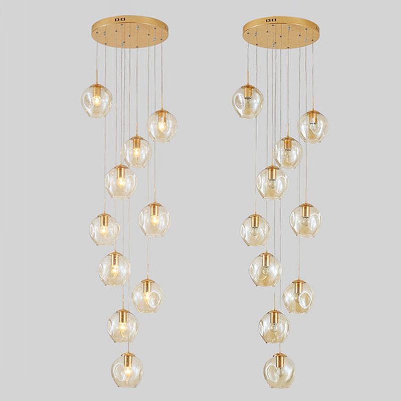 Dimpled Cup Shaped Cluster Pendant Minimalist Cognac Glass 10-Head Stairs Ceiling Light in Brass