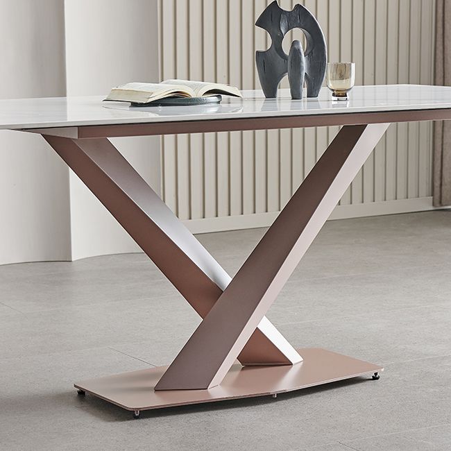 Mesa de comedor de lujo tradicional mesa de piedra sinterizada blanca con marco de oro rosa