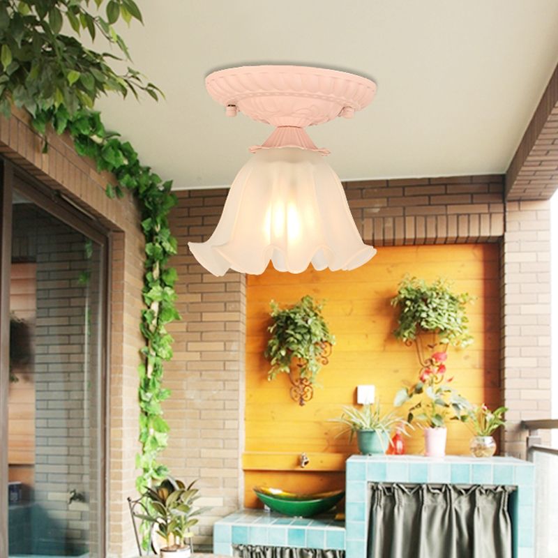 Frost Glass Ruffle Semi Flush Pastoral Single-Bulb Bedroom Flush Ceiling Light Fixture