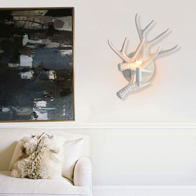 Rustic Style Antlers Wall Lamp Resin Single Bulb Sconce Light in White Finish for Lodge Villa