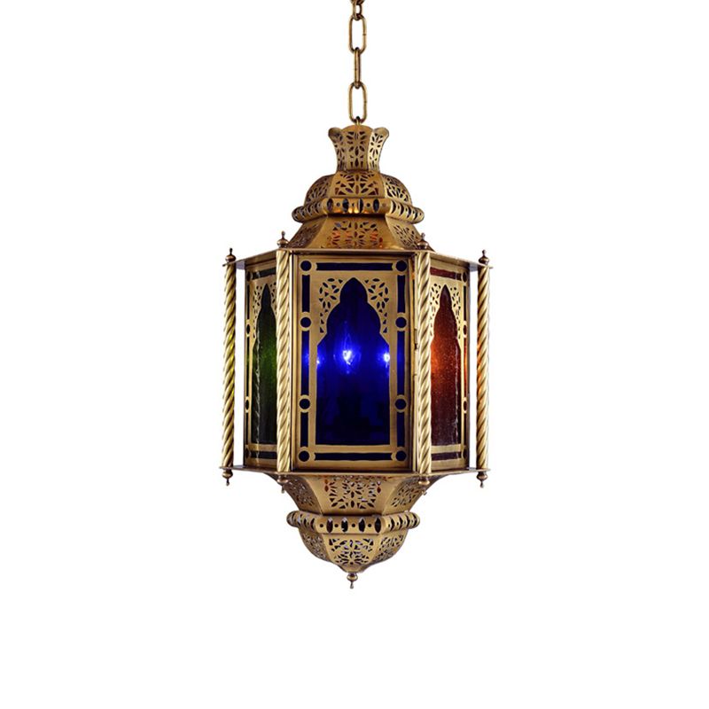 Vintage Lantern Ceiling Light 1 Bulb Metal Pendant Lamp in Brass with Colorful Glass Shade
