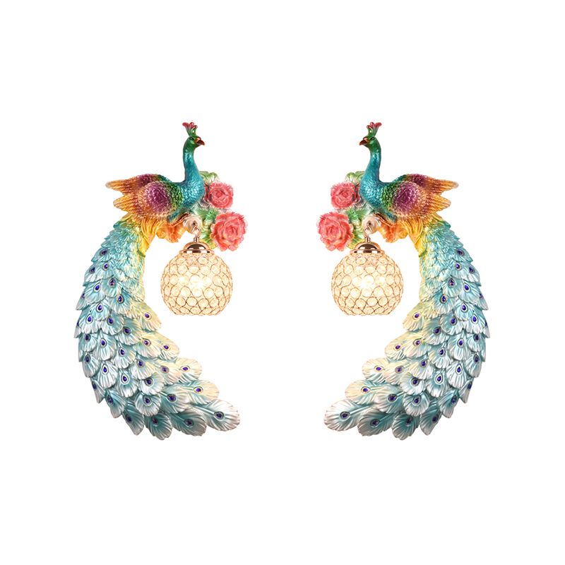 1/2-Pack Blue/Green Peacock Wall Light Fixture 8"/10" Wide 1 Head Retro Style Resin Wall Lamp with Crystal Global Shade, Left/Right