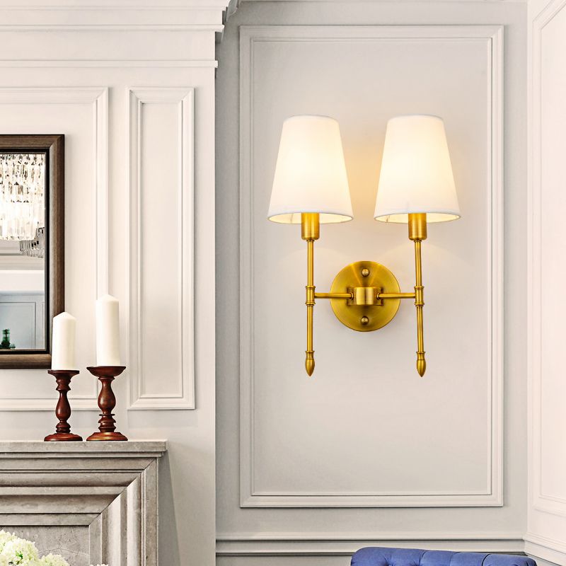 Gold Modern Metal Wall Sconce Cone Shape Wall Light with Fabric Shade for Bedroom