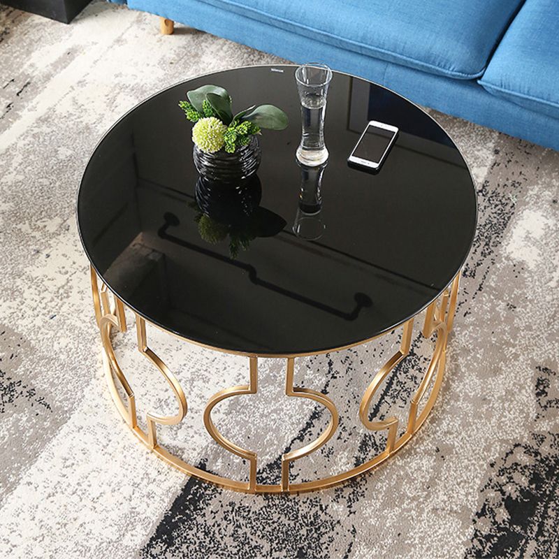 Contemporary Round Glass Coffee Table with Iron Frame Base Cocktail Table