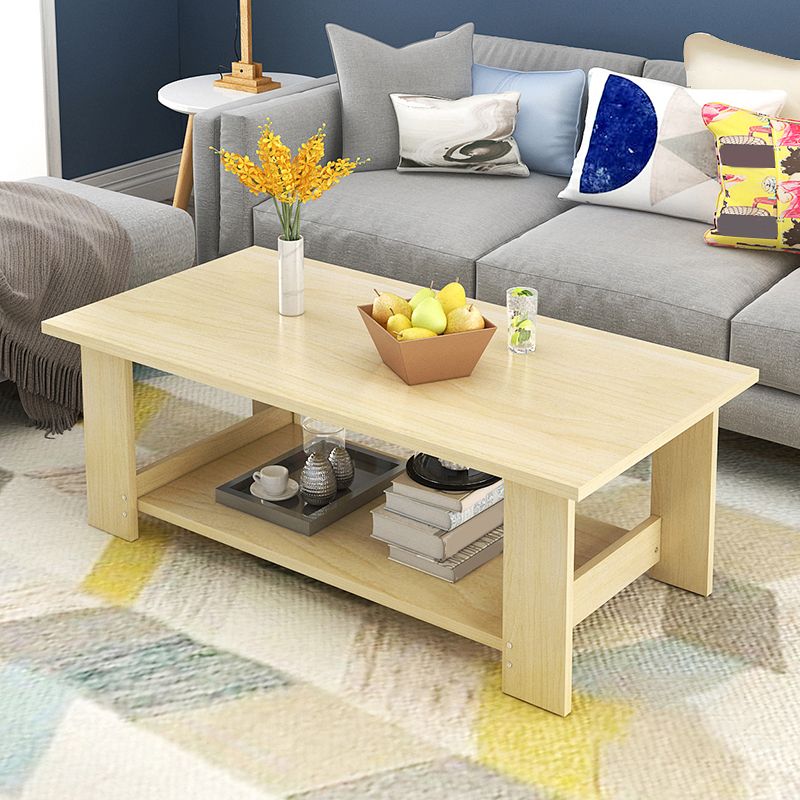 16.53" Tall Rectangle Top Coffee Table Wooden 4 Legs Cocktail Table with Shelf