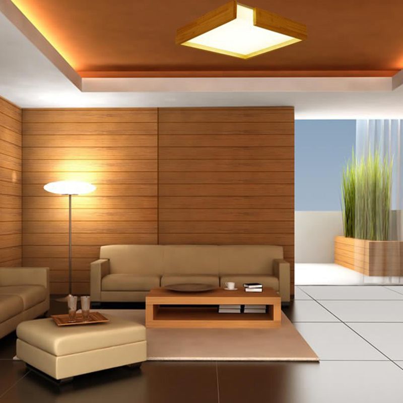 Minimalism Flush Mount Square Wooden Ceiling Light Fixture for Bedroom