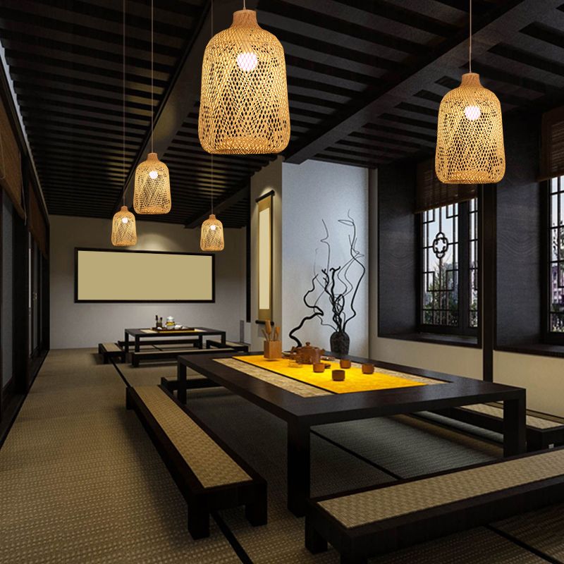 Bird Cage Pendant Light Contemporary Bamboo Single-Bulb Restaurant Suspension Light in Wood