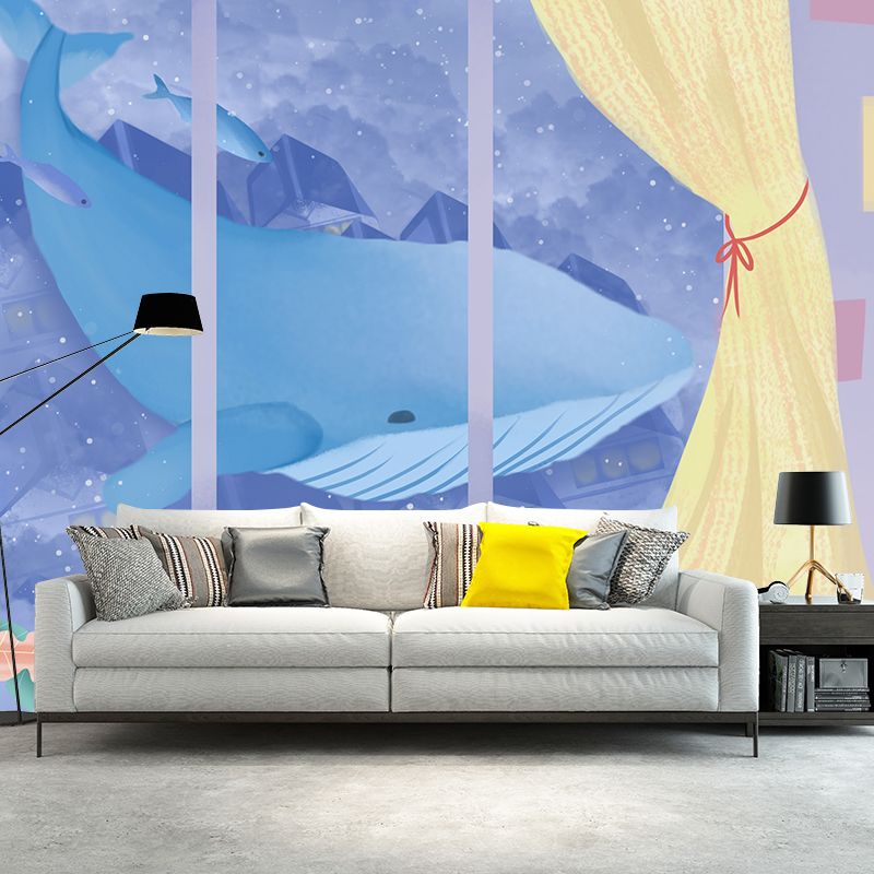 Whale Outside the Window Mural Purple-Yellow Childrens Art Wall Covering for Kids Room