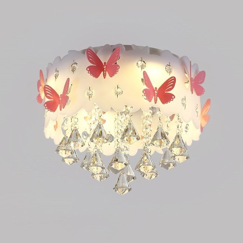 Teardrop Bedroom Flush Mount Simple Clear Crystal 4/6-Light Pink Ceiling Lamp with Butterfly Design