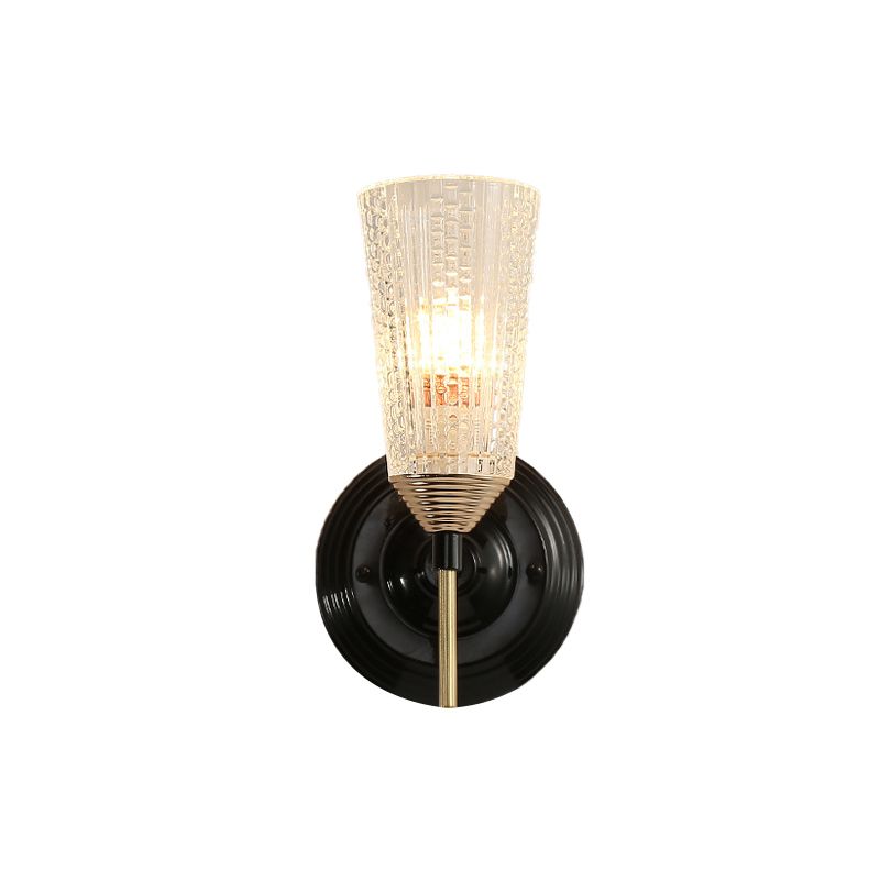 1/2-Light Wall Mounted Light Traditional Conical Clear Textured Glass Wall Sconce in Black for Foyer