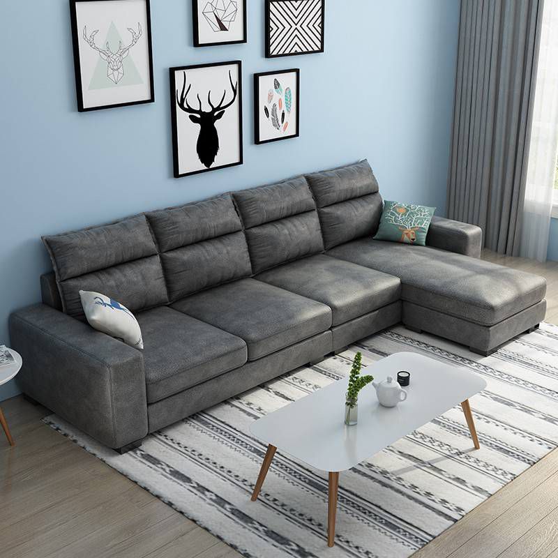 Square Arm 4-Seater Sofa & Chaise 106.3" W Linen/Faux Leather Cushions Sofa